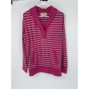 Banana Republic Womens Sweatshirt Size L Pink White Striped Henley With Pocket